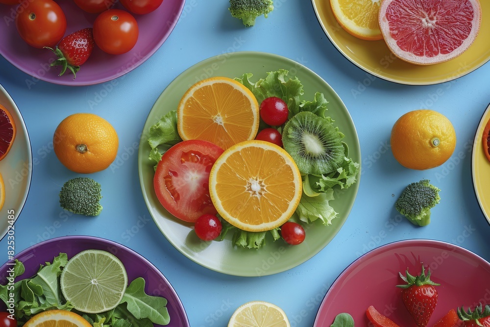 Clean eating, colorful plates with fresh ingredients, healthy and appetizing, natural light shines through the windows. Clean eating, colorful plates with fresh ingredients, healthy and appetizing, natural light shines through the windows.