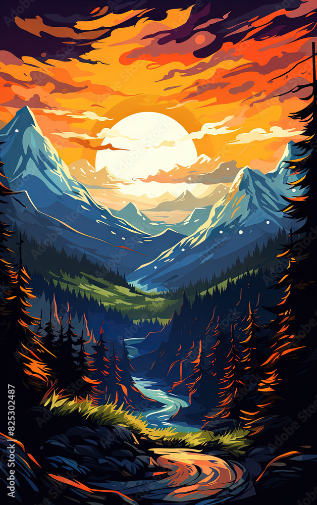 Landscape with mountains and sun in drawing style for outdoor hiking and travel adventure poster.