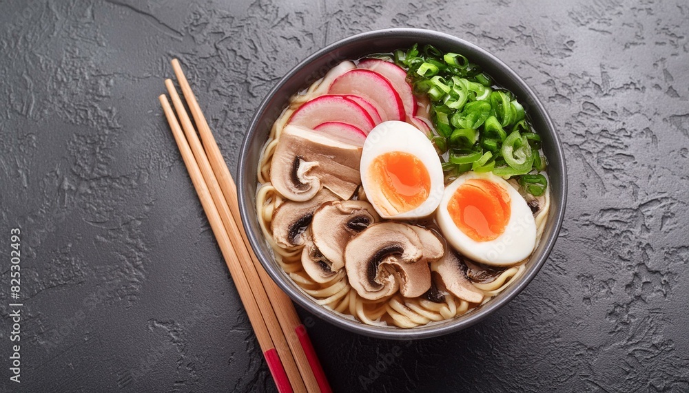 A bowl of ramen soup with noodles, mushrooms, marinated egg and vegetables on a black stone table, top view angle A bowl of ramen soup with noodles, mushrooms, marinated egg and vegetables on a black stone table, top view angle