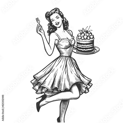 pin-up girl savoring a piece of cake encapsulating classic beauty and indulgence sketch engraving generative ai fictional character vector illustration. Scratch board imitation. Black and white image.