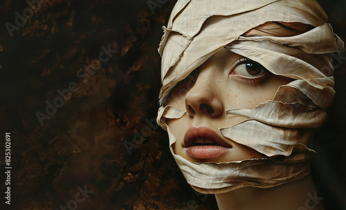 Young woman with her face wrapped in cloth strips