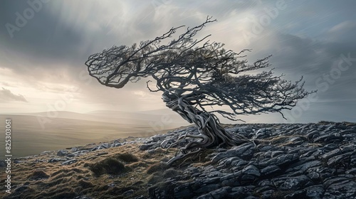 gnarled windshaped tree on remote hillside embodying raw beauty of untamed wilderness landscape photography photo