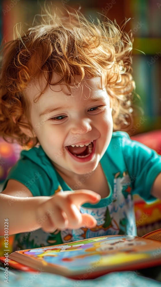 Joyful Child Pointing at Picture in a Book with Laughter and Delight