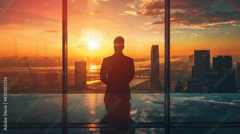 young businessman looking at city through window young businessman looking at city through window