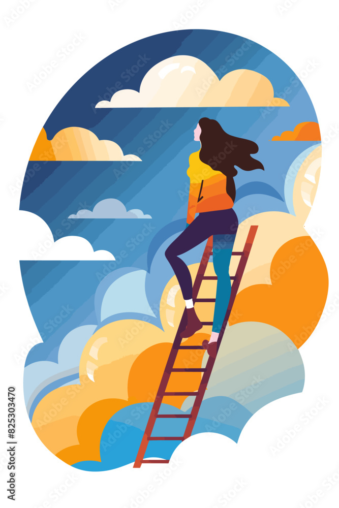 Businesswoman on Ladder Looking into Future, Female Entrepreneur Searching for Opportunities and New Business Ideas, Concept of Development Direction