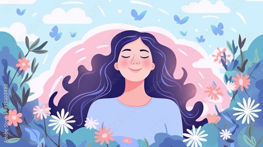 Calm and peaceful woman surrounded by flowers and butterflies. Calm and peaceful woman surrounded by flowers and butterflies.