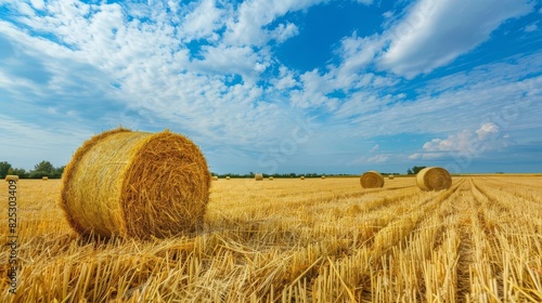 golden hay bales in harvested straw field under blue sky agricultural landscape