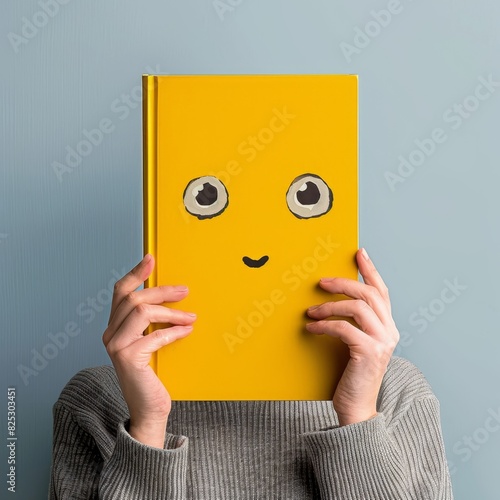 Joyful Reader Holding a Whimsical Book with Playful Cover Design in a Bright Room photo