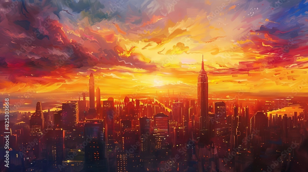 Fototapeta premium golden hour cityscape breathtaking sunset sky illuminating urban skyline capturing magical atmosphere oil painting