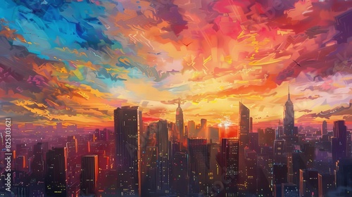 golden hour cityscape breathtaking sunset sky illuminating urban skyline capturing magical atmosphere oil painting