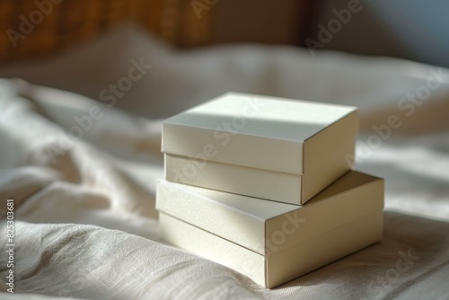 Elegant simple white boxes piled neatly on a textured fabric, bathed in natural light