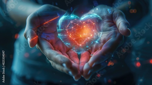 Glowing Futuristic Love - Close-Up of Couple's Hands Holding Digital Pride Heart with Holographic Effects.
