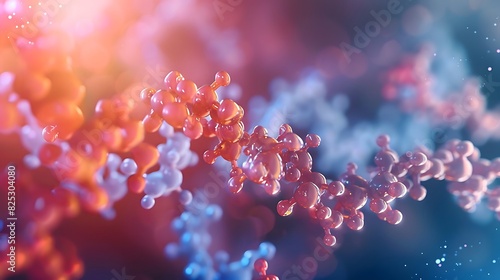 Fototapeta Naklejka Na Ścianę i Meble -  Design an artistic 3D visualization depicting insulin molecules binding with sugar molecules. Use contrasting colors and dynamic lighting to accentuate the process of glucose regulation at a molecular