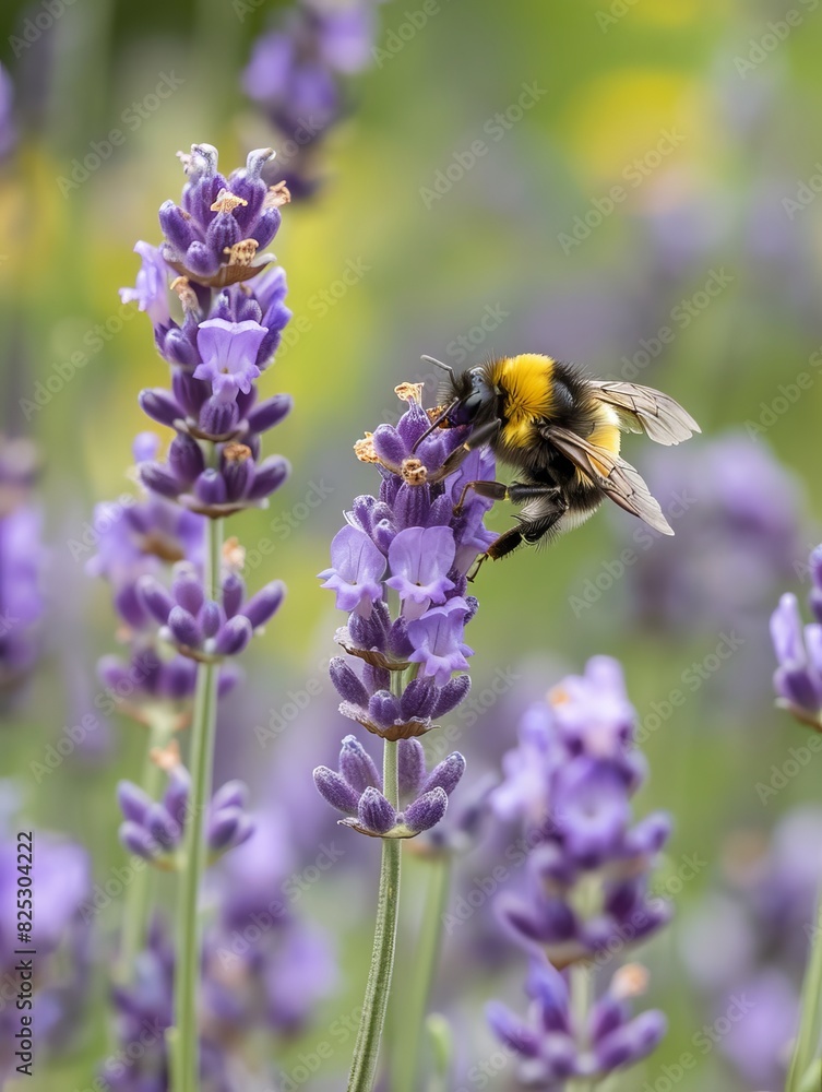 Delicate Lavender Blossom with Bumblebee Visitor Close-Up in Macro Shot Delicate Lavender Blossom with Bumblebee Visitor Close-Up in Macro Shot