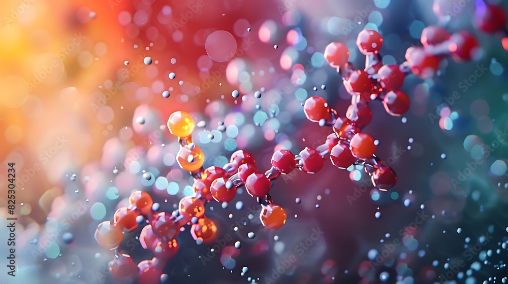 Fototapeta premium Design an artistic 3D visualization depicting insulin molecules binding with sugar molecules. Use contrasting colors and dynamic lighting to accentuate the process of glucose regulation at a molecular