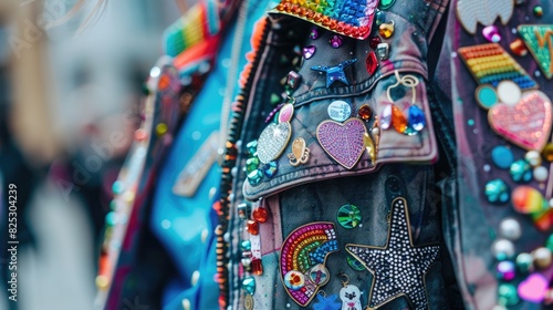 Close-up of a jacket with various LGBTQ+ pins and patches, futuristic fashion, 