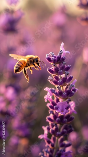 Serene Lavender Field  Honeybee in Mid-Flight Among Purple Blooms