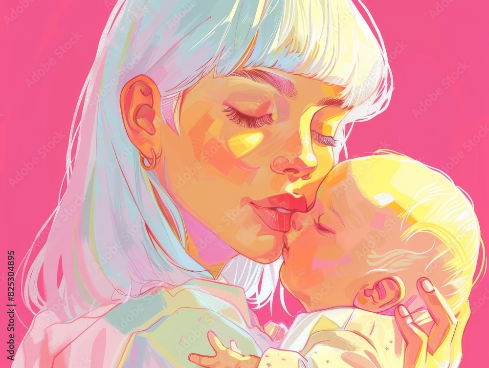 Happy mother's day Concepts. Watercolor painting, young mother holding her baby son and lovingly kissing his nose Happy mother's day Concepts. Watercolor painting, young mother holding her baby son and lovingly kissing his nose