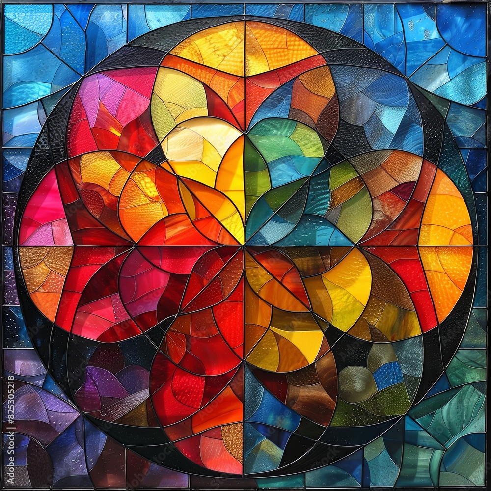 A colorful stained glass window with a flower design A colorful stained glass window with a flower design