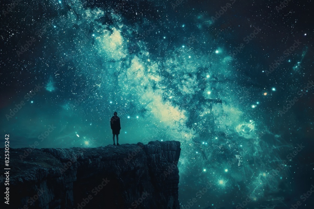 A man stands on a cliff looking up at the stars