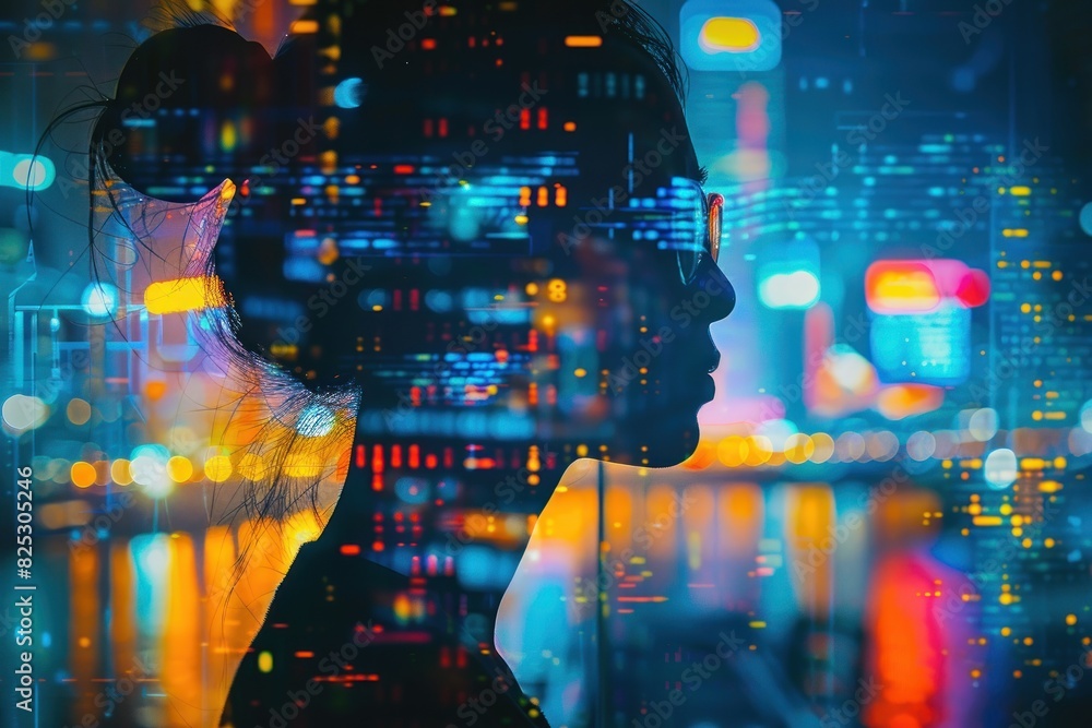 A woman's silhouette is shown in a cityscape with a bright, colorful background A woman's silhouette is shown in a cityscape with a bright, colorful background