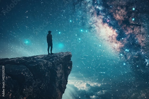 A man stands on a cliff looking up at the stars