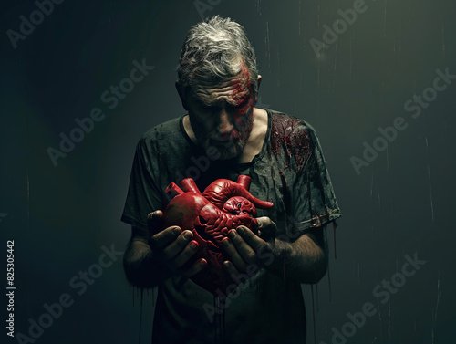 An old man holding a bloody heart with his hand. 