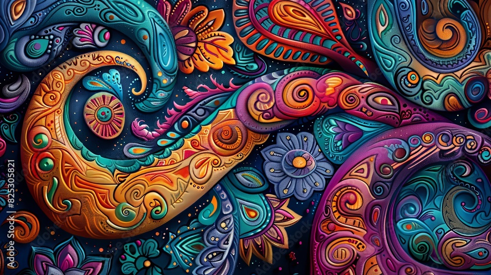 A colorful painting of a flowery design with a blue background A colorful painting of a flowery design with a blue background