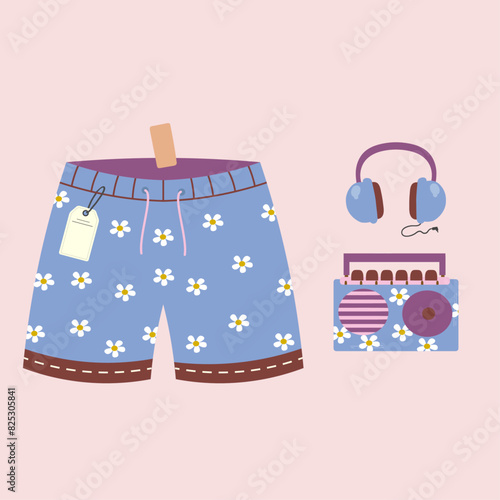 Illustration At DaisyPatterned Swim Shorts and Radiophone, Radio Cassette 