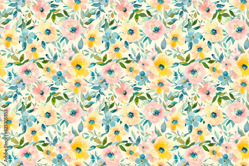 Watercolor floral seamless pattern with pastel flowers and green leaves, creating a delicate and elegant design, ideal for spring and feminine backgrounds