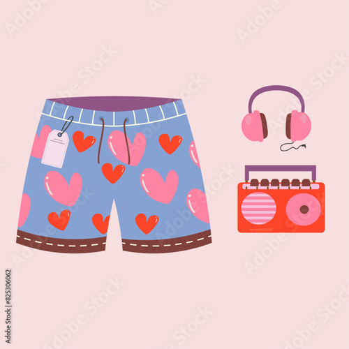 Illustration At Love Patterned Swim Shorts and Radiophone, Radio Cassette 