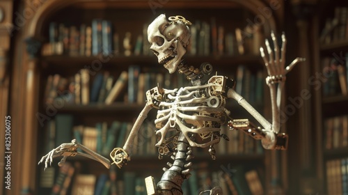 Mechanical skeleton in a dark gothic setting for horror or halloween themed designs
