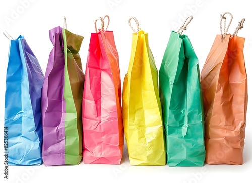 Colorful shopping bags isolated on white background, simple style, jpg format, high resolution photography, high quality photo taken in the style of canon eos r5