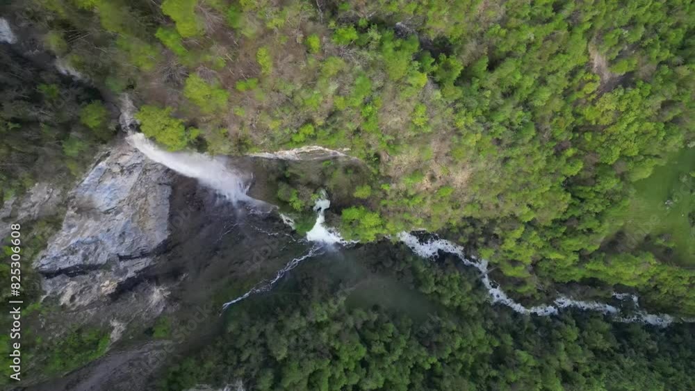 Seerenbach Falls waterfall complex aerial drone top down view Amden Switzerland