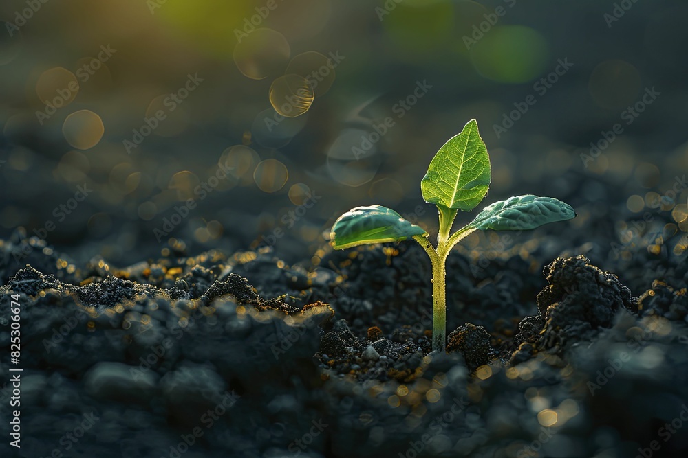 Plant sprout in morning light, young seedling in soil, basking in natural sunlight. Plant sprout in morning light, young seedling in soil, basking in natural sunlight.