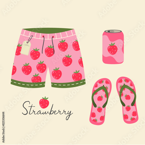 Illustration At Strawberry Patterned Swim Shorts and Juice, Flip Flops