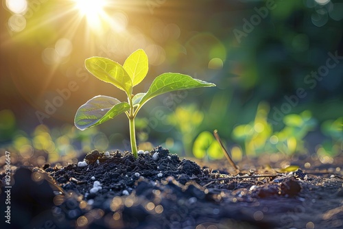 Plant sprout in morning light, young seedling in soil, natural lighting photo