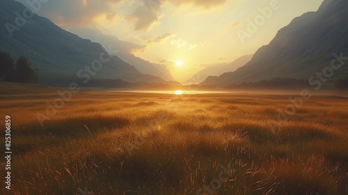Remote wilderness, vast landscapes and untouched nature, serene and unspoiled, bathed in golden hour lighting, create a breathtaking scene. photo