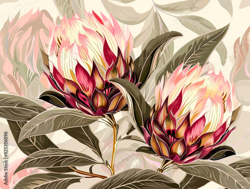 Protea flowers bunch. Blooming Pink King Protea Plant over dark background. Extreme closeup. Holiday gift, bouquet, buds. One Beautiful fashion flower macro shot. Valentine's Day photo