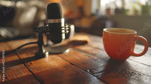 Microphone and Coffee Cup on a Wooden Table for Podcast or Radio Production photo