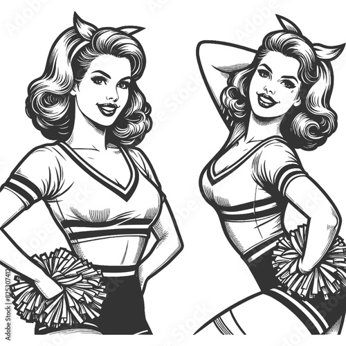 cheerleader in classic pin-up pose with pom-poms and a playful expression sketch engraving generative ai fictional character vector illustration. Scratch board imitation. Black and white image