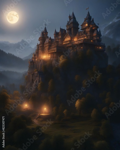 Majestic castle perched atop a rocky hill, surrounded by mist under a full moon, Generative AI.
