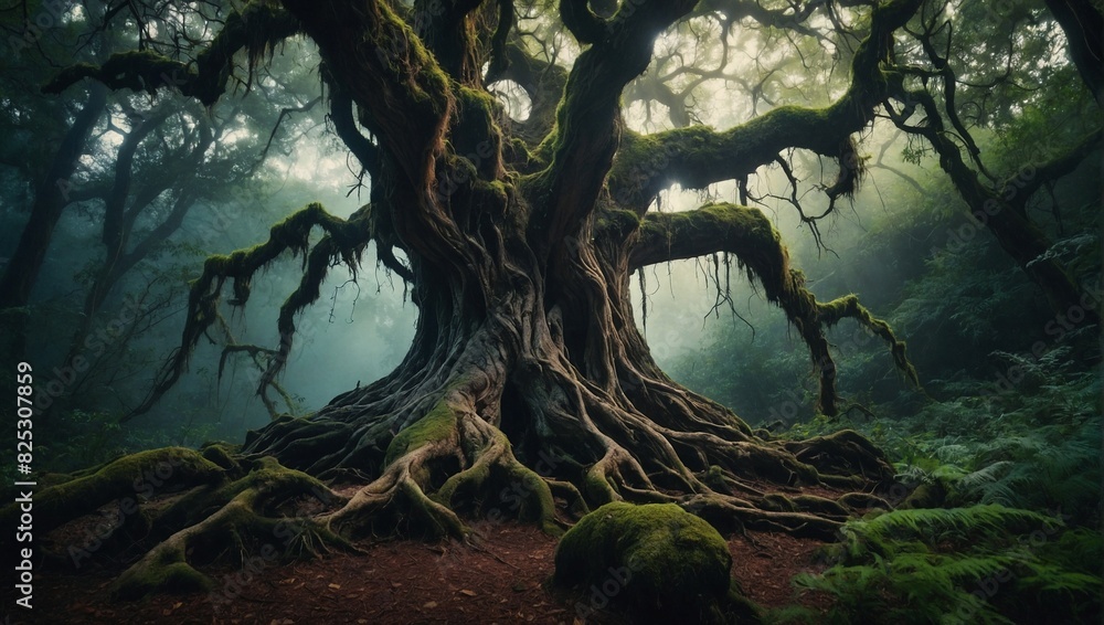 An ancient gnarled tree with twisted roots