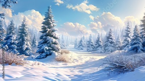 Tranquil Winter Landscape Scenery with Snow-Covered Trees Background © patinyats