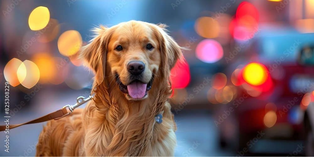 Golden retriever obediently walks on leash in bustling city street during summer. Concept Animals, Dog Training, Pet Photography, Urban Environment