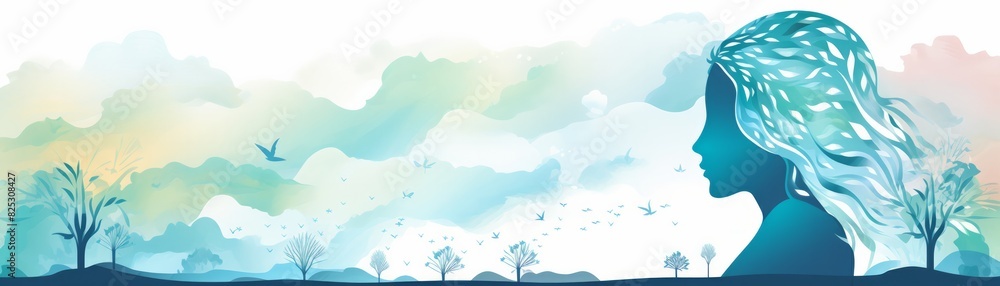 The watercolor painting shows a woman looking at a butterfly The watercolor painting shows a woman looking at a butterfly