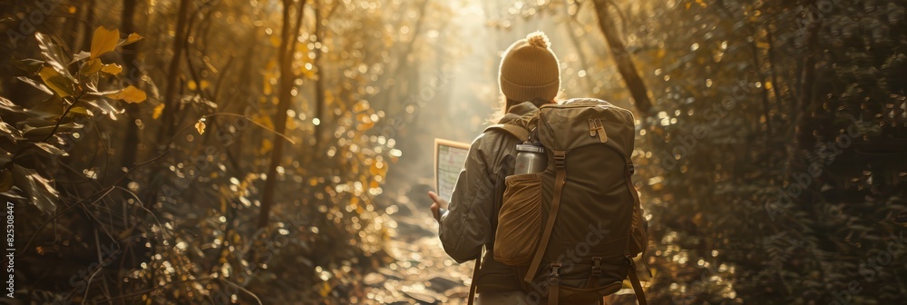 A hiker with a backpack walking through the dense forest along a trail