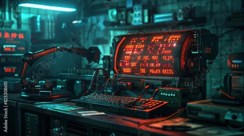 A forgotten, ancient machine activating with digital commands, cyberpunk, dark hues, 3D render photo