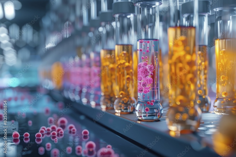 Virus particles in science lab, high detail and color, laboratory setting Virus particles in science lab, high detail and color, laboratory setting