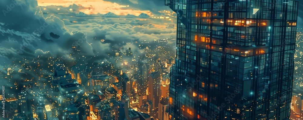 Fototapeta premium A halffinished skyscraper where robotic secretaries still try to finalize deals, cyberpunk, dark tones, mixed media